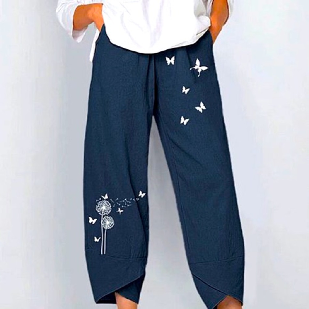 E-Rétro Navy Dandelion & Butterfly Tulip-Hem Pants